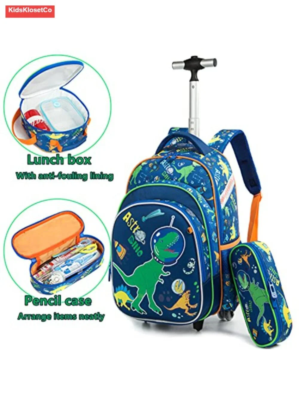 Kids Rolling Backpack with Wheels Dinosaur School Bag Lunch Box Trolley